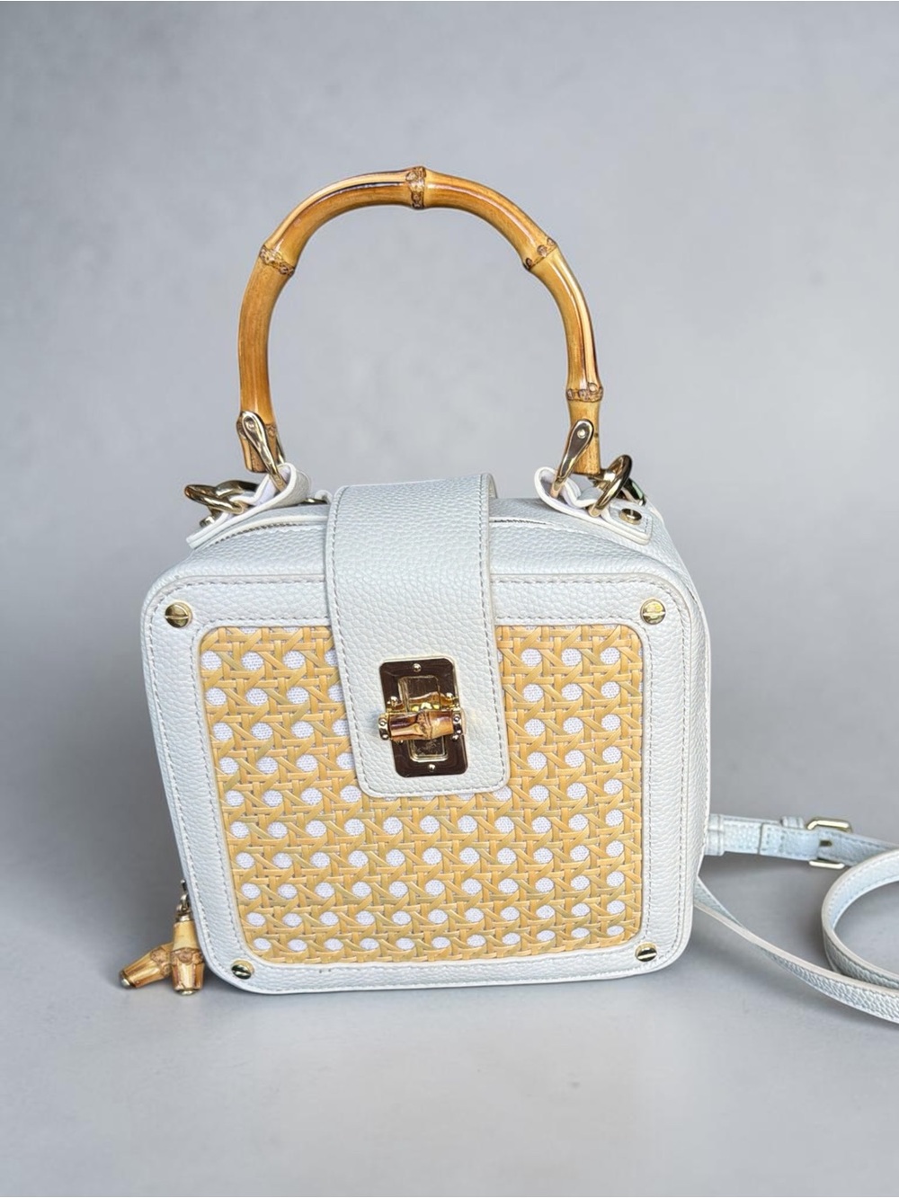 Rachel Zoe White Leather & Natural Woven Bamboo-Handle Mini Box Bag